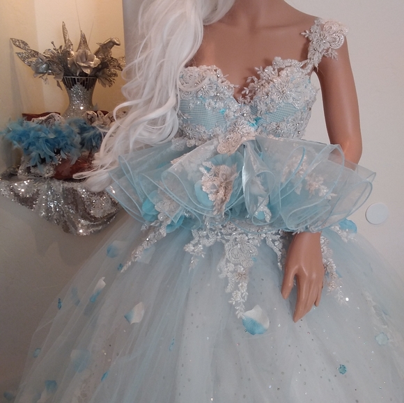 "SERENITY" Blue & White Boho Babydoll Ballgown Set - Picture 11 of 12